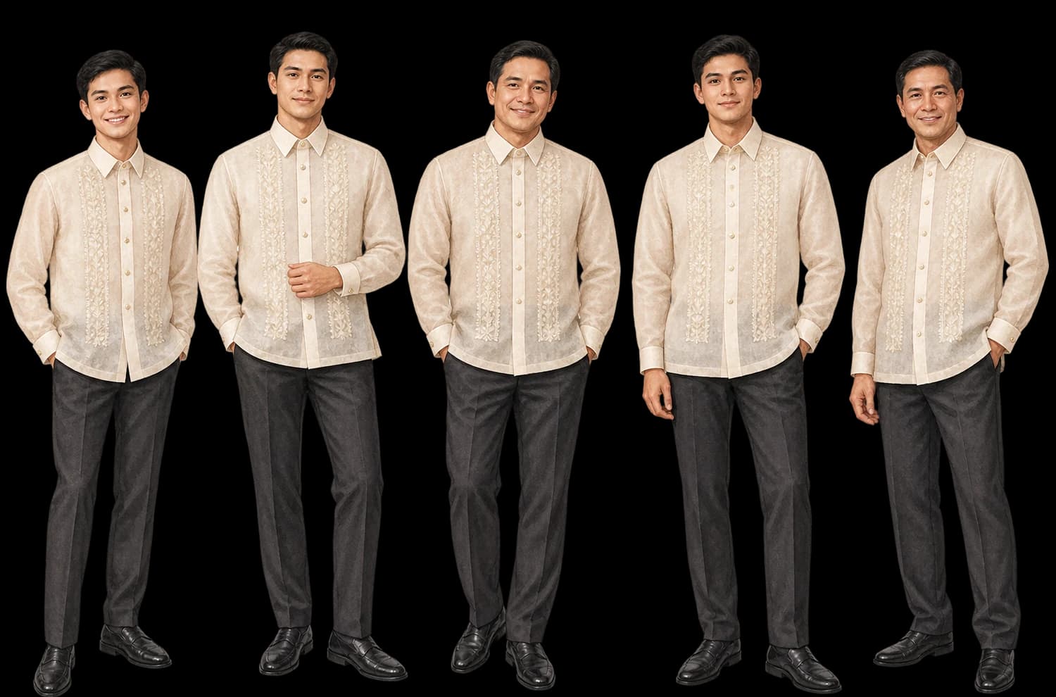 Five men in traditional Barong Tagalog shirts with dark trousers