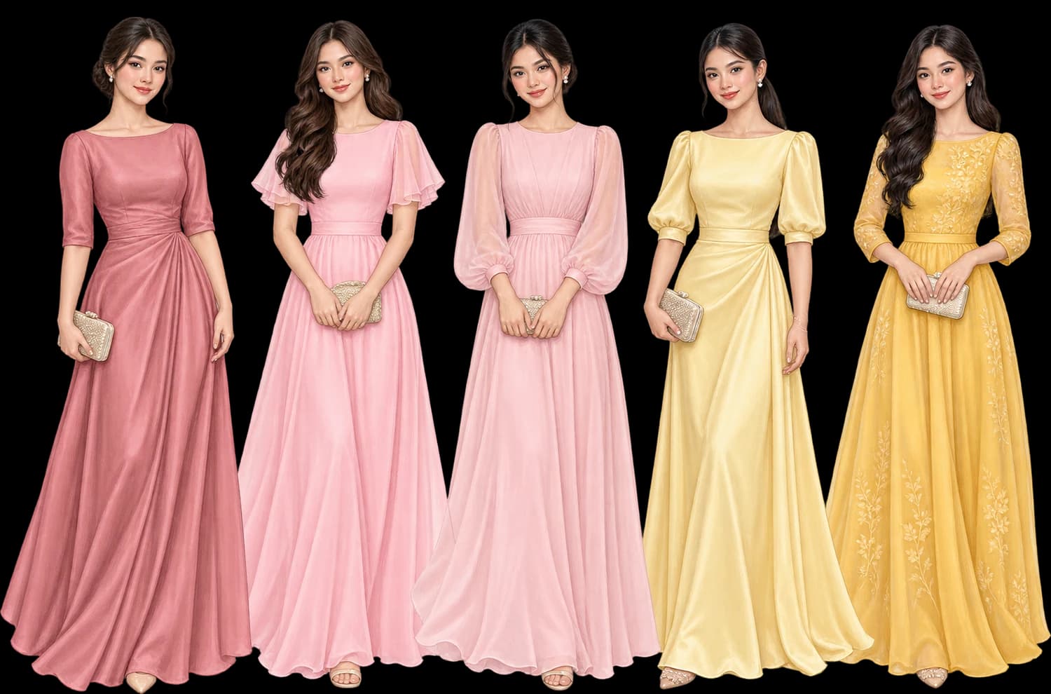 Five women in long formal dresses with sleeves and high necklines: old rose pink, light pink, pastel pink, light yellow and butter yellow